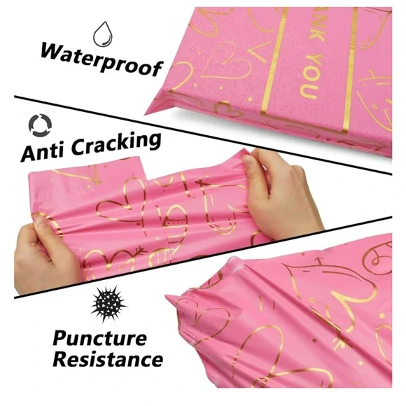 Poly Mailers Pink Thank You Gold Hearts 10x13 Water and Tear Proof 2.4 mil X 25 - Picture 4 of 4